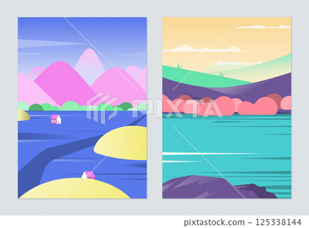 Countryside landscape poster design, small village in front of mountains and cherry blossom trees beside the lake 125338144