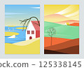 Countryside landscape poster design, seaside house and house on the hill 125338145