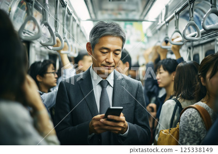 A businessman riding a crowded train and looking at his smartphone 125338149