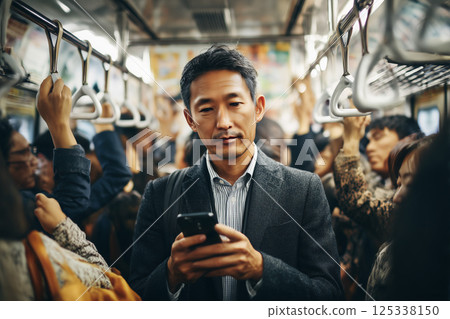 一位商人乘坐擁擠的火車，看著他的智慧型手機 125338150