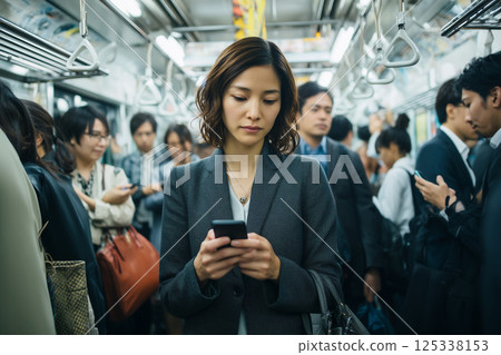 一位年輕女子乘坐擁擠的火車,看著她的智慧型手機 一位年輕女子乘坐擁擠的火車,看著她的智慧型手機 125338153