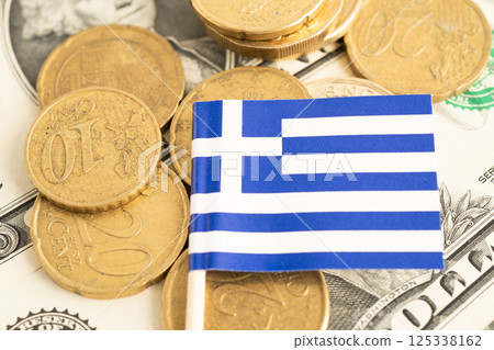 Greece flag on coin and banknote money, finance trading investment business currency. 125338162