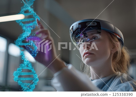Female scientist wearing an AR headset interacting with a holographic DNA structure. The scientist engages with a DNA hologram, illustrating the intersection of technology and genetic research. 125338390