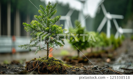 Scenes of young trees and reforestation growing with renewable energy Scenes of young trees and reforestation growing with renewable energy 125338518