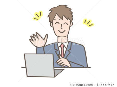 Smiling business person in front of a PC Smiling business person in front of a PC 125338647