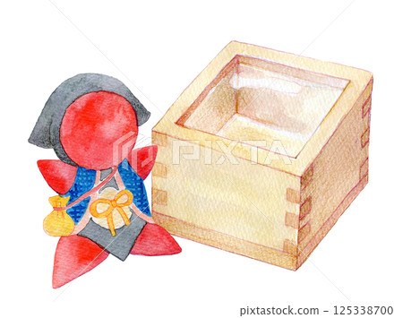 Watercolor illustration, hand-drawn, sake cup and Sarubobo Watercolor illustration, hand-drawn, sake cup and Sarubobo 125338700