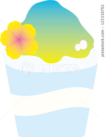 Blue and yellow gradient shaved ice decorated with yellow hibiscus Blue and yellow gradient shaved ice decorated with yellow hibiscus 125338702