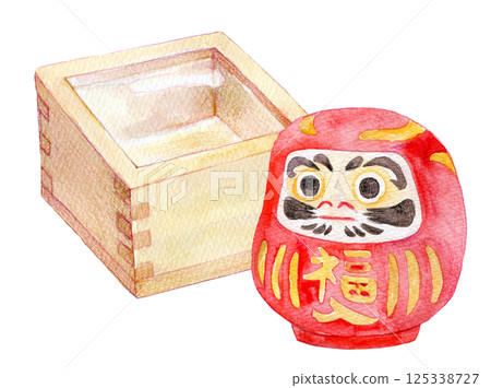 Watercolor illustration, hand-drawn, sake cup and Daruma doll 125338727
