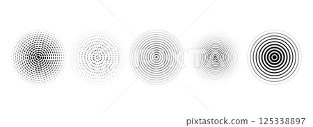 Black concentric circle collection. Dotted and dashed round sound wave set. Epicenter, target, radar, sonar icon concept. Radial radio signal or vibration elements. Vector linear halftone symbol pack 125338897
