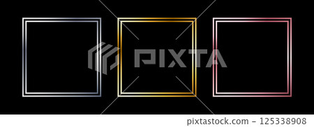 Golden and silver thin frame set. Shiny metal foil border collection. Gold glowing geometric boarder bundle in art deco style. Linear rectangular element pack for photo, cadre, card, emblem. Vector  125338908