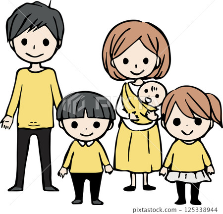 Full-body illustration of a family of five consisting of a young couple, a baby and two children 125338944