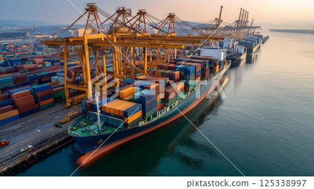 黃昏時分大型貨櫃船在港口卸貨的景色和全球物流 黃昏時分大型貨櫃船在港口卸貨的景色和全球物流 125338997
