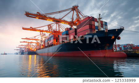 Scenery of a large container ship being unloaded at a port at dusk and global logistics 125338999