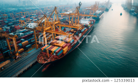 Scenery of a large container ship being unloaded at a port at dusk and global logistics 125339013