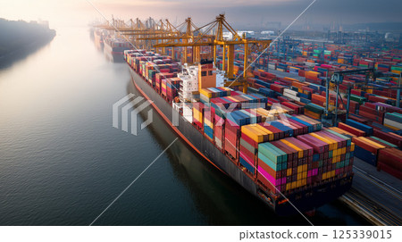 黃昏時分大型貨櫃船在港口卸貨的景色和全球物流 125339015
