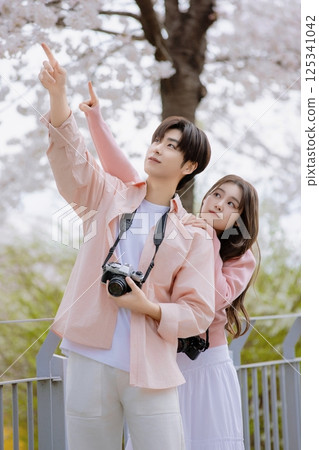 A friendly couple enjoying a date on a street filled with cherry blossoms A friendly couple enjoying a date on a street filled with cherry blossoms 125341042