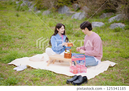 A couple enjoying a date while having a picnic in the park 125341185