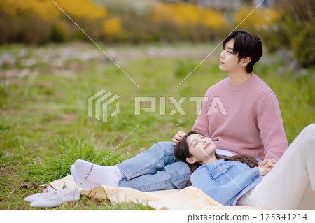 A couple enjoying a date while having a picnic in the park 125341214