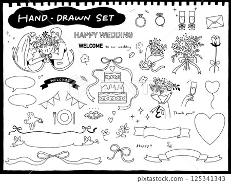 手繪插圖集婚禮物品和人物 125341343
