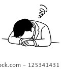 Illustration of a middle-aged male office worker lying face down on a desk 125341431