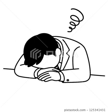 一名中年男性辦公室職員趴在桌上的插圖 一名中年男性辦公室職員趴在桌上的插圖 125341431