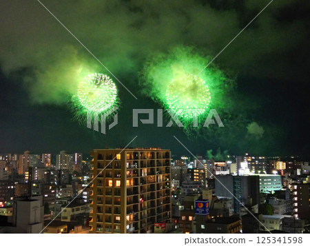 Aerial view of fireworks floating in the night sky over Kagoshima city 125341598