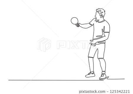 Continuous one line drawing male table tennis player blocking opponent smash attack. Ping pong championship international competition. Sport event. Single line draw design vector graphic illustration Continuous one line drawing male table tennis player blocking opponent smash attack. Ping pong championship international competition. Sport event. Single line draw design vector graphic illustration 125342221
