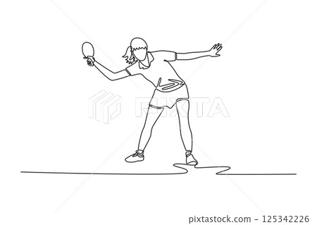 Single continuous line drawing female table tennis players performing strokes and returns. Showing speed, focus, and reflex in indoor hall tournament. One line draw graphic design vector illustration 125342226