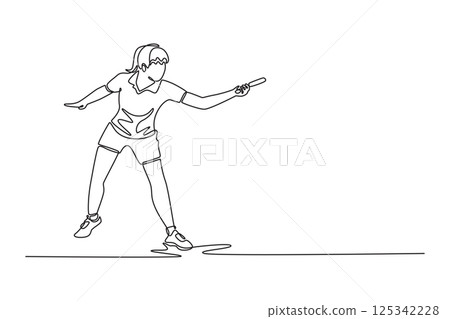 Continuous one line drawing beauty female table tennis player get ready to receive the ball from opponent. She playing defense with backhand method. Single line draw design vector graphic illustration 125342228