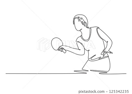 Single continuous line drawing female table tennis player blocking opponent smash attack. Ping pong athlete in championship international competition. One line draw graphic design vector illustration 125342235