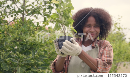 Happy children farmer hand holdig big tree growing in hydroponics farm, Biotechnology kid plant seedling spring gardening, environment earth day in hands 125342270