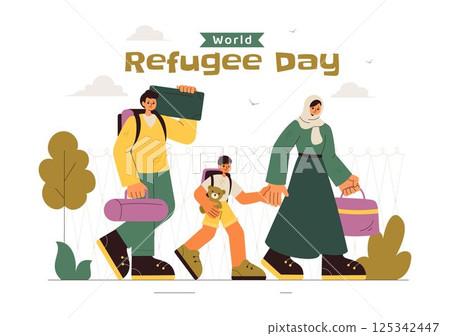 World Refugee Day Illustration featuring an Immigrant Family with Their Children in Search of a New Home, with Barbed Wire Fences and a Helping Hand 125342447