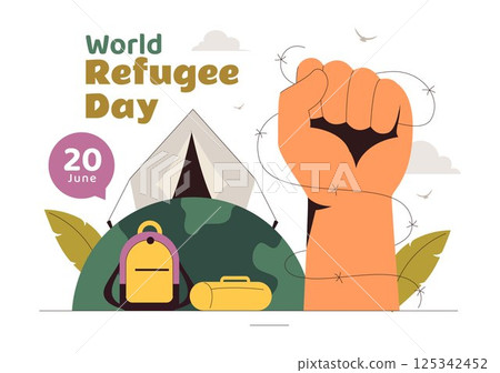 World Refugee Day Illustration featuring an Immigrant Family with Their Children in Search of a New Home, with Barbed Wire Fences and a Helping Hand 125342452
