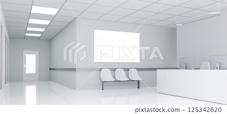 Bright and spacious hospital entrance with sleek reception, 3D render illustration 125342620