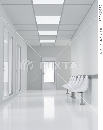 Minimal hospital corridor with empty seating area, 3D render illustration 125342622