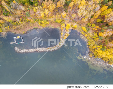 Colorful autumn forest with trees on the shore of a blue lake - top aerial view. Colorful autumn forest with trees on the shore of a blue lake - top aerial view. 125342970