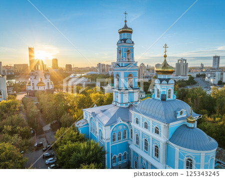 Summer Yekaterinburg, Temple of the Ascension and Temple on Blood in beautiful clear sunset. 125343245