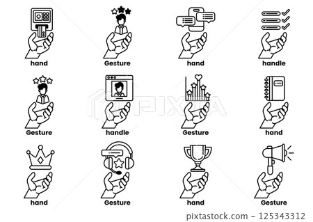 Set of illustrations of hands and things in line art style Set of illustrations of hands and things in line art style 125343312