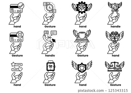 Set of illustrations of hands and things in line art style 125343315
