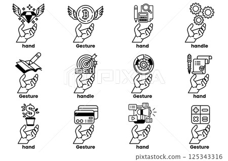 Set of illustrations of hands and things in line art style 125343316