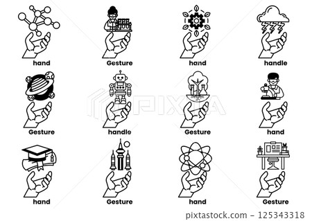 Set of illustrations of hands and things in line art style Set of illustrations of hands and things in line art style 125343318