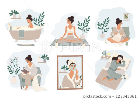 Self care activities set with young woman, isolated on white Self care activities set with young woman, isolated on white 125343361