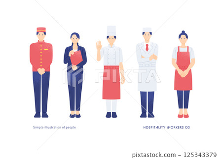 Pastry chef, chef, hotel receptionist. Illustrations of people working in the hospitality and food service industries. Pastry chef, chef, hotel receptionist. Illustrations of people working in the hospitality and food service industries. 125343379