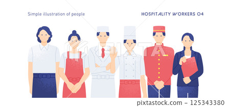 在食品和酒店行業工作。咖啡館、餐廳和酒店中工作的男女的向量插圖。 125343380