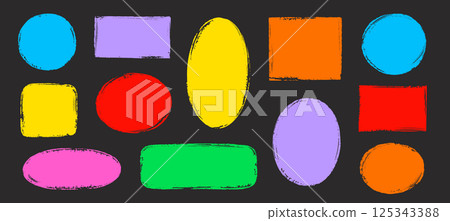 Brush frame rough rectangle box shape set. Text box frame rough grunge square, oval paint shape element. Hand drawn texture grunge brush rectangle, circle round text border. Vector 125343388