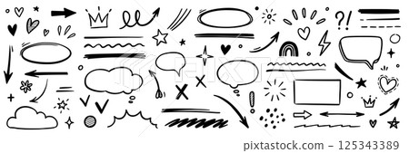 Line hand drawn brush marker arrow, heart shape element set. Hand drawn sketch marker underline shape, arrow, star marker brush pen stroke icon heart element. Vector 125343389
