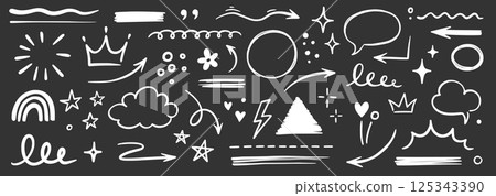 Line hand drawn brush marker underline, highlight, star element chalkboard set. Hand drawn sketch marker underline shape, arrow, star scribble brush pen stroke highlight element. Vector 125343390