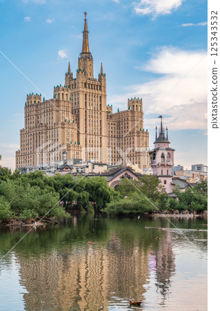 The view on the residential Stalinist high-rise building on Kudrinskaya Square. It is the one of seven Stalinist skyscrapers built in 1947-1954. The view on the residential Stalinist high-rise building on Kudrinskaya Square. It is the one of seven Stalinist skyscrapers built in 1947-1954. 125343532