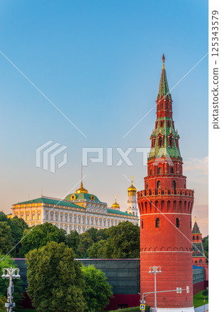 Vodovzvodnaya Tower at southwestern corner of Moscow Kremlin, overlooking Moscow River. Moscow, Russia 125343579