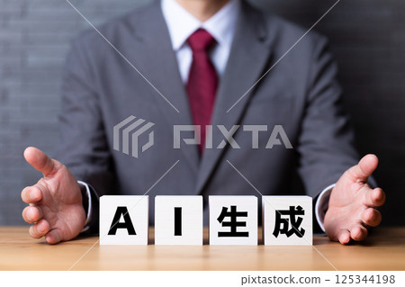 Artificial intelligence block and middle-aged male businessman in a suit Artificial intelligence block and middle-aged male businessman in a suit 125344198